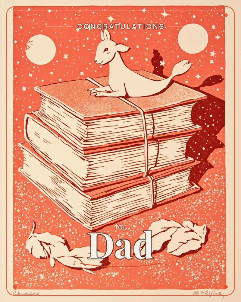 A whimsical fox-like creature with a long sinuous tail lounges draped across a tied stack of three thick books, set against a starry coral-red sky with…, a graduation e-card design