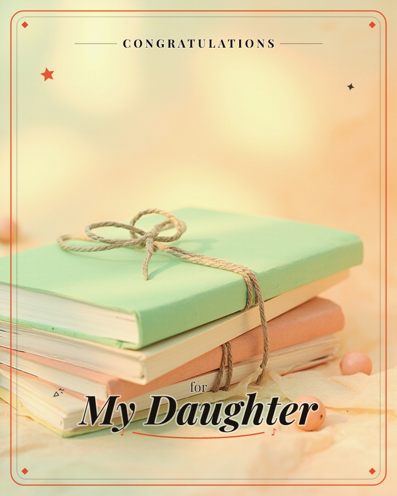 A stack of small notebooks in mint green, blush pink and cream sits tied together with a rustic string bow, a graduation e-card design