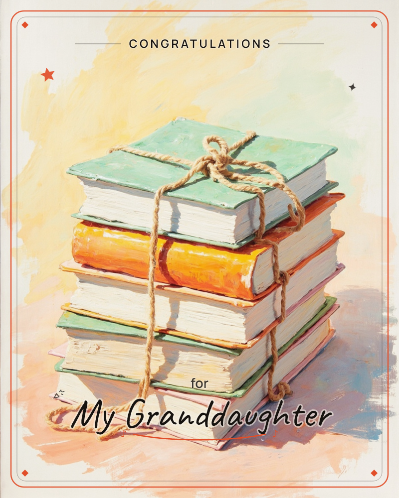 A stack of old hardback books, bound together with a loosely knotted twine, sits against a soft wash of warm yellow and peach, a graduation e-card design