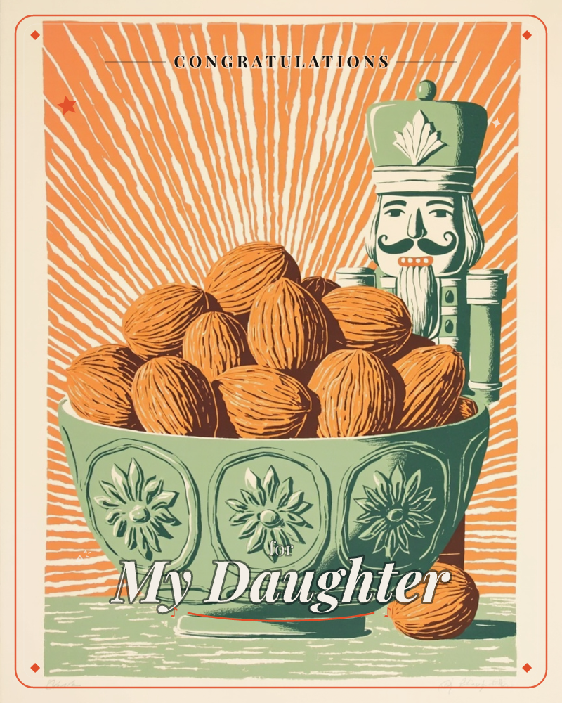 A linocut-style print shows a green patterned bowl piled high with textured whole walnuts, one nut fallen loose on the table beside it, a graduation e-card design