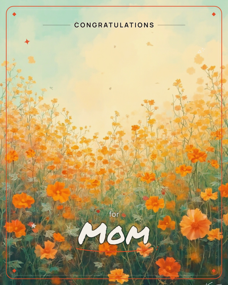 A meadow of orange and marigold-yellow wildflowers stretches toward a hazy horizon, their slender stems catching a soft golden light, a graduation e-card design