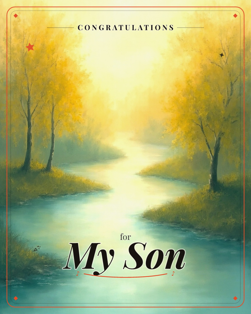 A quiet river curves away between banks lined with golden autumn trees, its blue-green water catching the glow of a bright, hazy sun that dissolves the…, a graduation e-card design