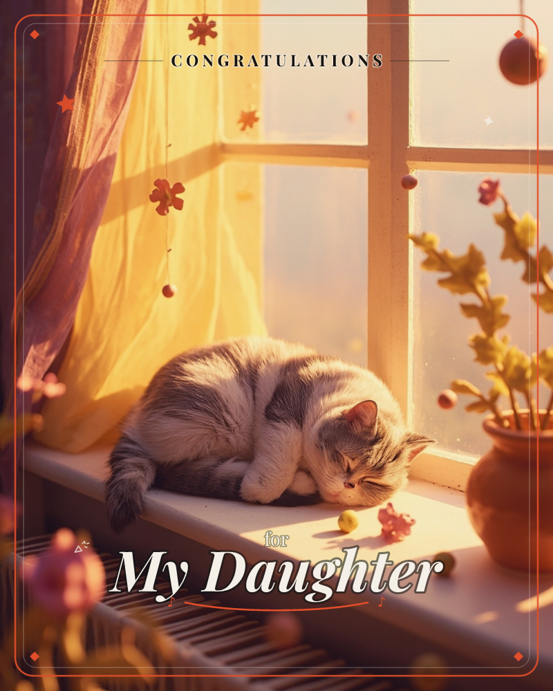 A grey and white cat sleeps curled up on a sunlit windowsill, warmed by golden afternoon light streaming through the glass, a graduation e-card design