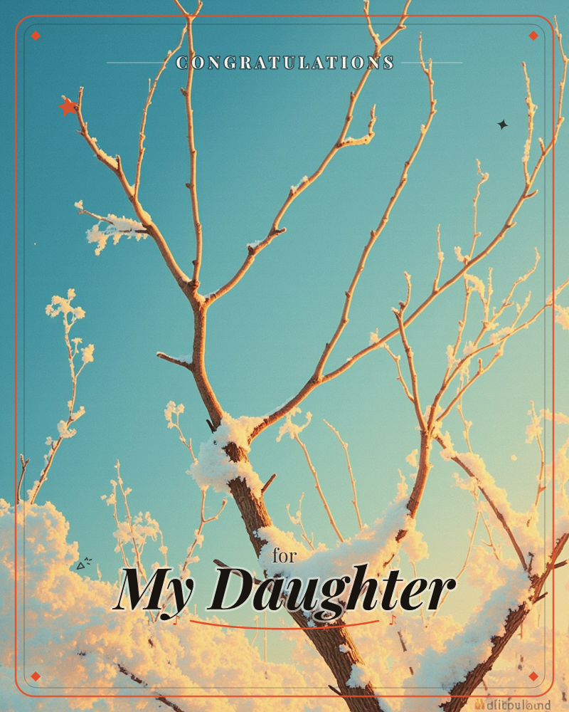 Bare tree branches stretch upward against a clear teal sky, dusted with clumps of snow that catch a warm golden light from one side, a graduation e-card design