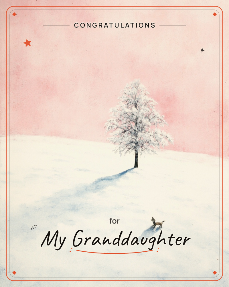 A single frost-covered tree stands alone on a snowy hillside beneath a soft pink sky, its long blue shadow stretching across the drifts, a graduation e-card design