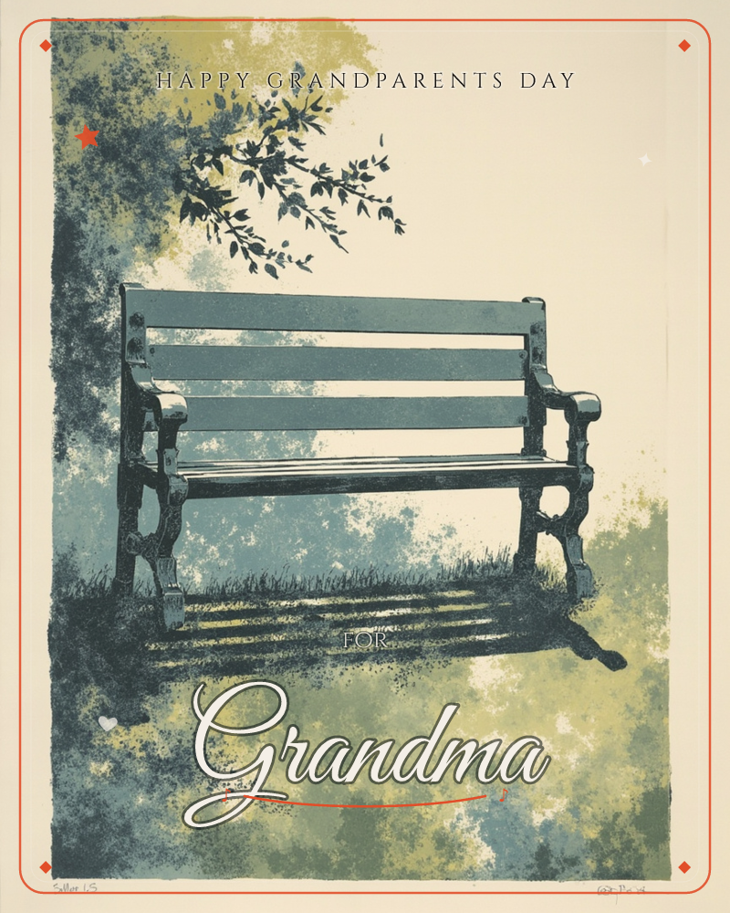 An empty park bench with ornate cast-iron legs sits alone on a patch of grass, its slatted wooden seat catching sharp sunlight, a grandparents day e-card design