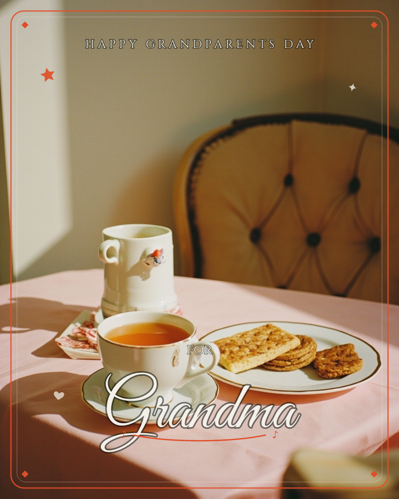 A quiet tabletop scene bathed in soft afternoon light: a pink tablecloth holds a delicate teacup filled with amber tea, a small painted jug, and a…, a grandparents day e-card design