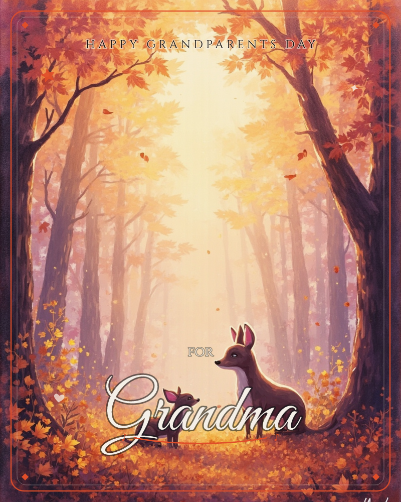 An adult fox and its small pup sit together in a glowing autumn forest, framed by two arching trees heavy with orange leaves, a grandparents day e-card design