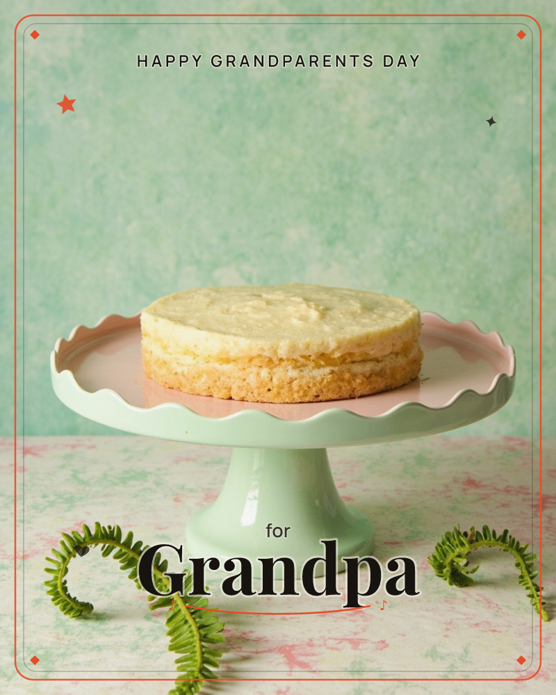 A single round cake with a pale golden crust sits on a scalloped mint-green pedestal stand, its edge lined with a soft pink rim, a grandparents day e-card design