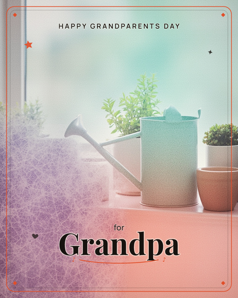 A sunlit windowsill holds a pale mint watering can beside small potted plants and an empty terracotta pot, softened by frosted glass light behind them, a grandparents day e-card design