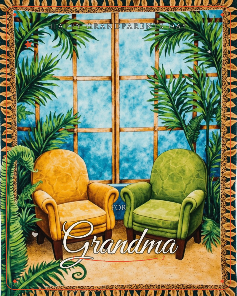 Two overstuffed armchairs, one mustard yellow and one moss green, sit side by side in a sunroom before a large trellised window washed with cloudy blue…, a grandparents day e-card design