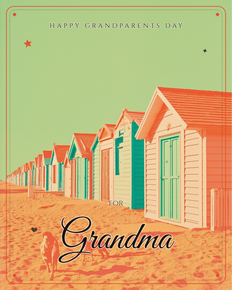 A row of wooden beach huts stretches into the distance along a sandy shore, their gables painted in alternating teal and coral trim under a stylised…, a grandparents day e-card design