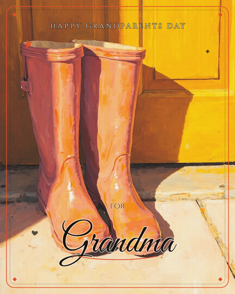 A pair of glossy pink rain boots stands on a sunlit stone step in front of a bright yellow door, a grandparents day e-card design