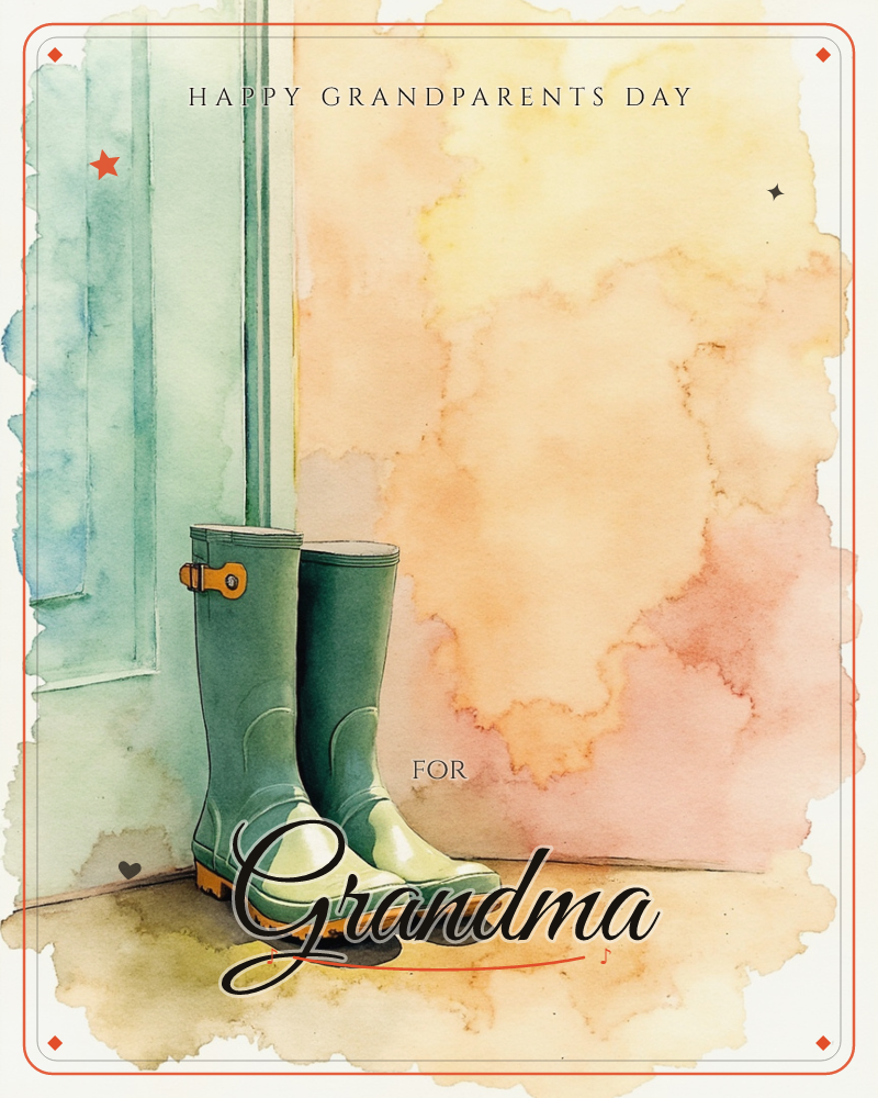 A pair of green rubber boots with buckled straps stands propped by a door frame, their orange soles catching the light, a grandparents day e-card design