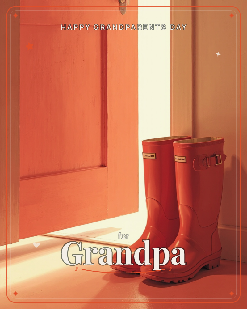 A pair of glossy rubber rain boots stands by an open door, bathed in warm orange light that spills across the floor and paneling, a grandparents day e-card design