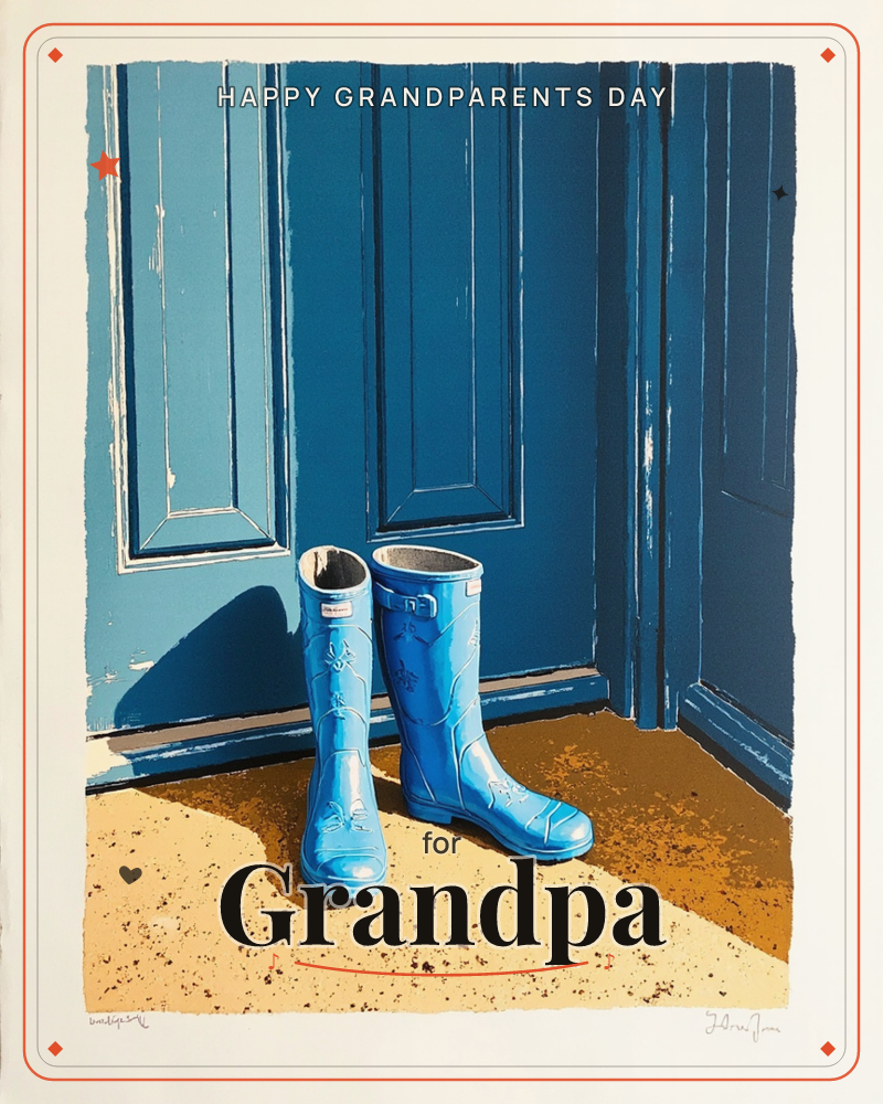 A pair of glossy blue wellington boots stands on a stone doorstep, leaning against a panelled navy door, a grandparents day e-card design