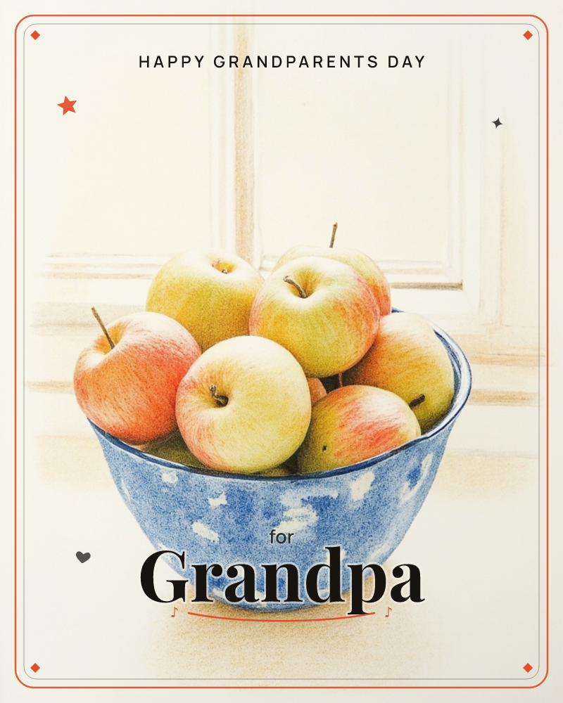 A blue speckled enamel bowl sits piled high with rosy apples on a pale windowsill, soft light falling from the tall panelled window behind it, a grandparents day e-card design