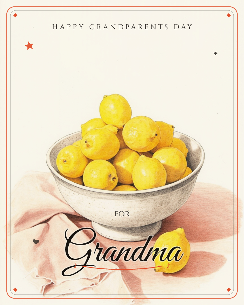 A speckled white ceramic bowl is piled high with fresh lemons, sitting on a dusty pink cloth draped across a table, a grandparents day e-card design