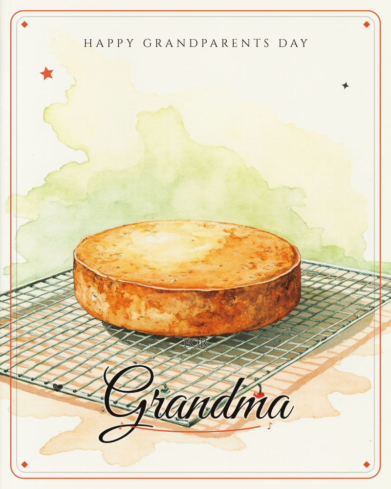 A single round cake, golden-brown and freshly baked, sits cooling on a wire rack against a soft wash of yellow and green background, a grandparents day e-card design