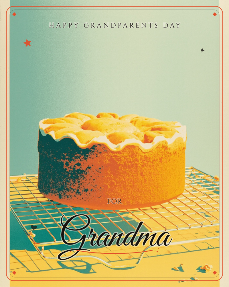 A round layer cake with a fluted, scalloped top sits cooling on a wire rack, rendered in bold retro screenprint style with heavy sun-bleached shadow, a grandparents day e-card design