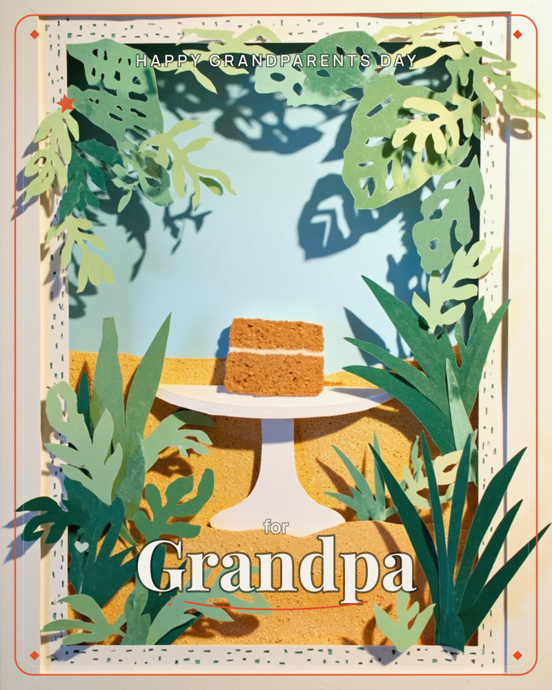 A layered paper-craft diorama shows a slice of two-tier sponge cake perched on a white pedestal stand, set in a sandy clearing surrounded by cut-paper…, a grandparents day e-card design