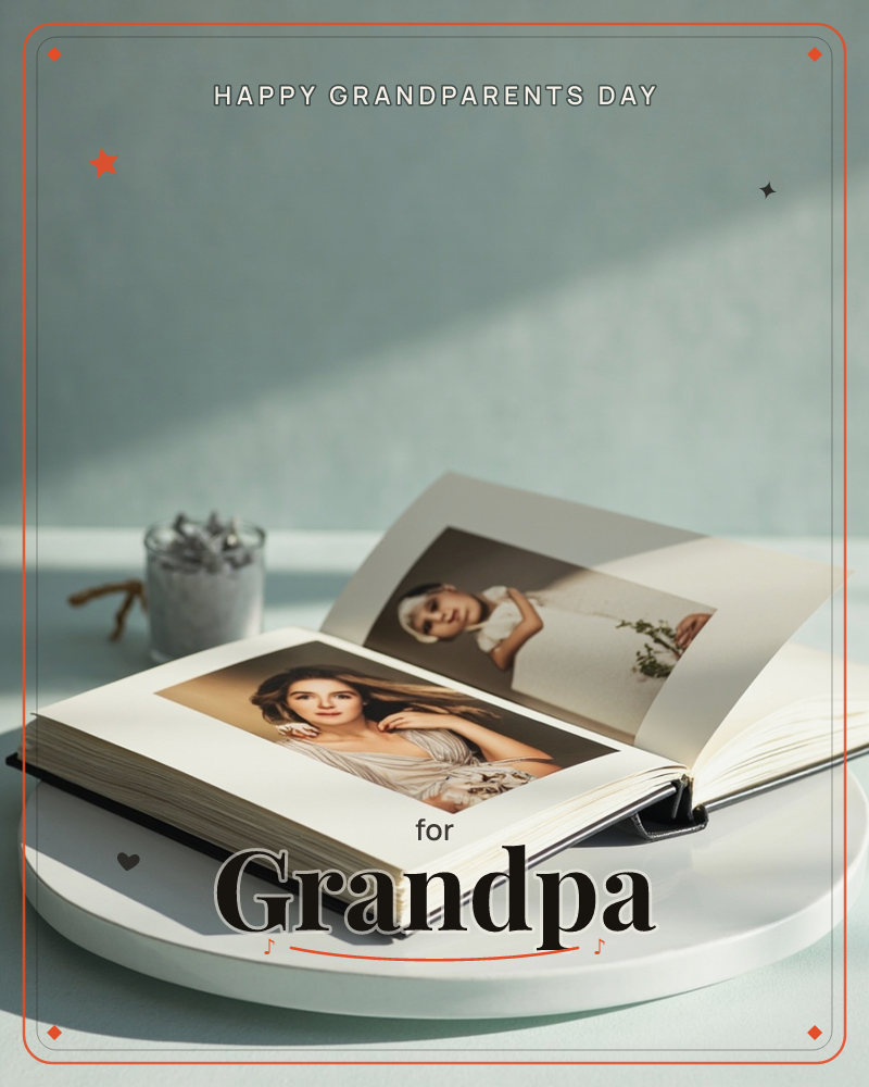 An open photo album rests on a round white pedestal against a soft sage-green wall, sunlight cutting a warm diagonal across the scene, a grandparents day e-card design
