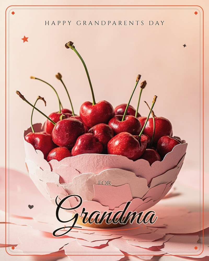 A pale pink bowl with a torn, petal-like paper texture sits heaped with glossy dark red cherries, their stems reaching upward at all angles, a grandparents day e-card design