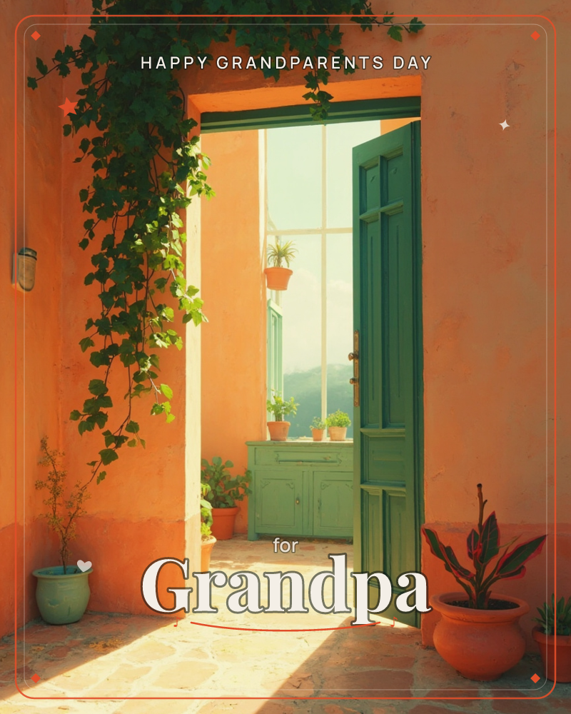 Sunlight pours through an open green door into a terracotta-walled courtyard, where trailing vines spill down from above and potted plants line the…, a grandparents day e-card design