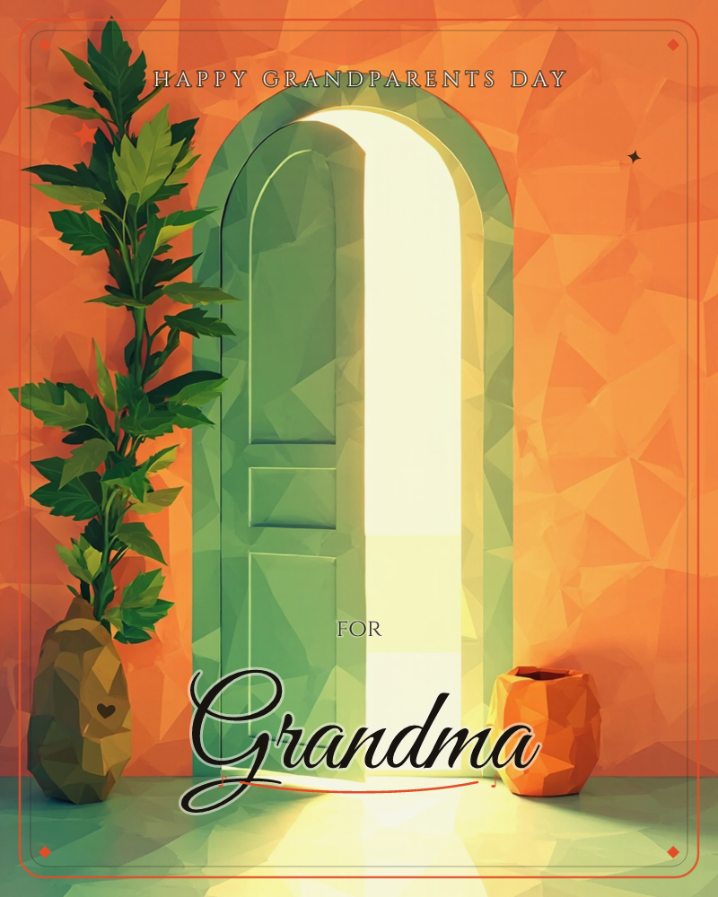 A low-poly illustration shows a green arched door standing open against a faceted orange wall, with brilliant white-gold light pouring through the gap, a grandparents day e-card design