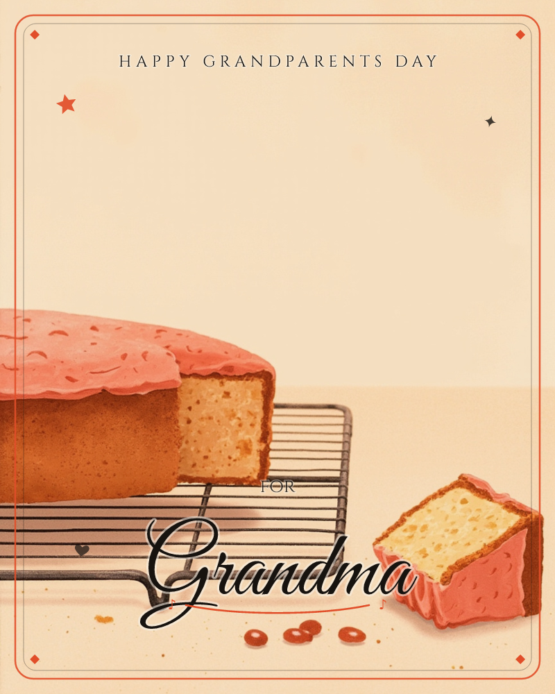 A round cake with pink, dimpled icing sits on a wire cooling rack, one slice already cut away and set beside it on the peach-toned counter, a grandparents day e-card design