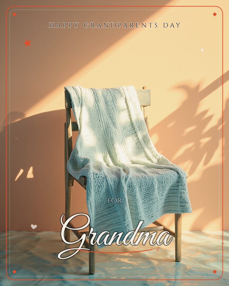 A pale wooden chair sits against a peach-toned wall, draped with a soft knitted blanket that fades from white to dusty blue, a grandparents day e-card design