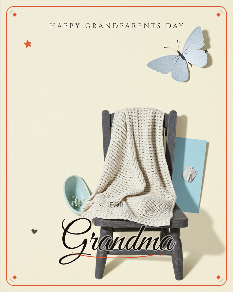 A small dark wooden chair sits against a pale cream backdrop, draped with a chunky knitted cream throw, a grandparents day e-card design