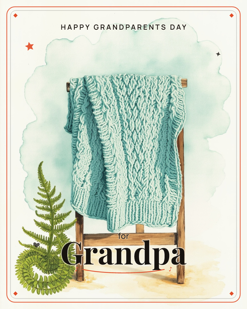 A chunky cable-knit throw in soft teal is draped over the back of a simple wooden chair, with a curling fern unfurling beside it on the floor, a grandparents day e-card design