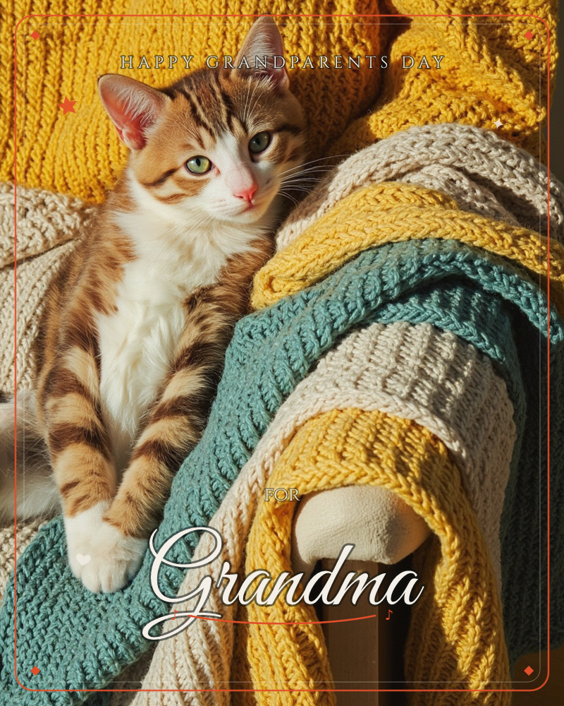 A ginger-and-white tabby cat lies curled among a stack of chunky knitted blankets in mustard yellow, teal, and cream, its green eyes gazing straight ahead, a grandparents day e-card design