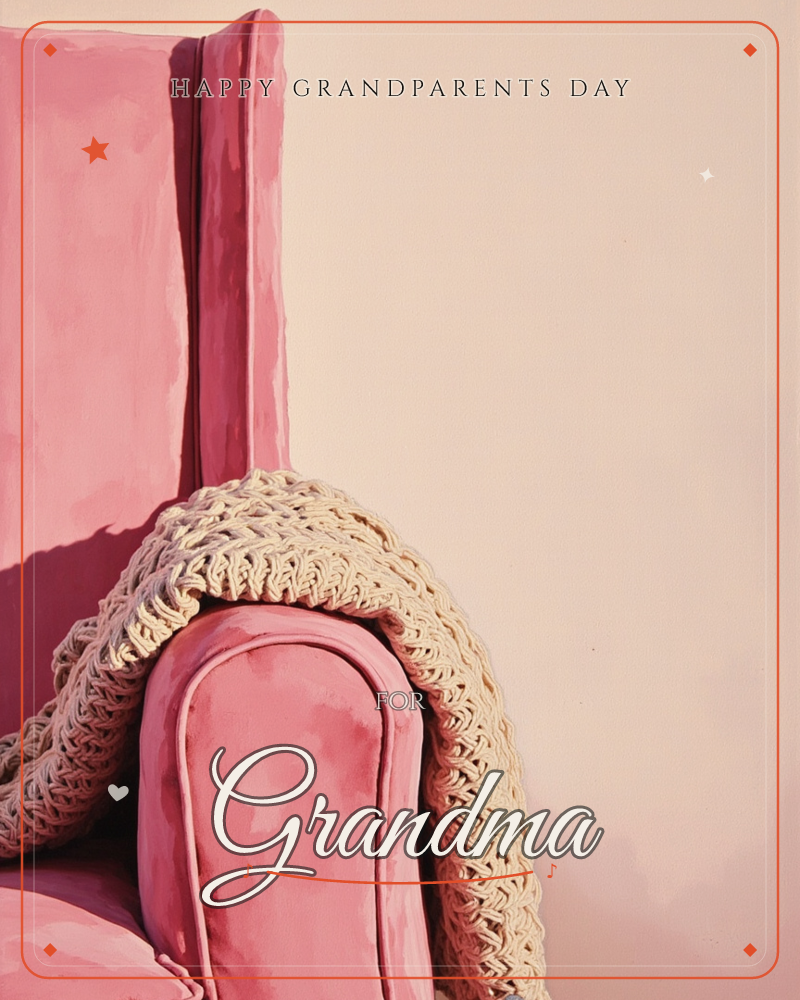 A high wingback armchair upholstered in dusty pink velvet sits against a bare blush wall, sunlight raking across its curved arm, a grandparents day e-card design
