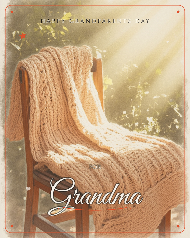A chunky cream-colored knit blanket drapes over a wooden chair set outdoors, its cable stitches catching warm afternoon light, a grandparents day e-card design