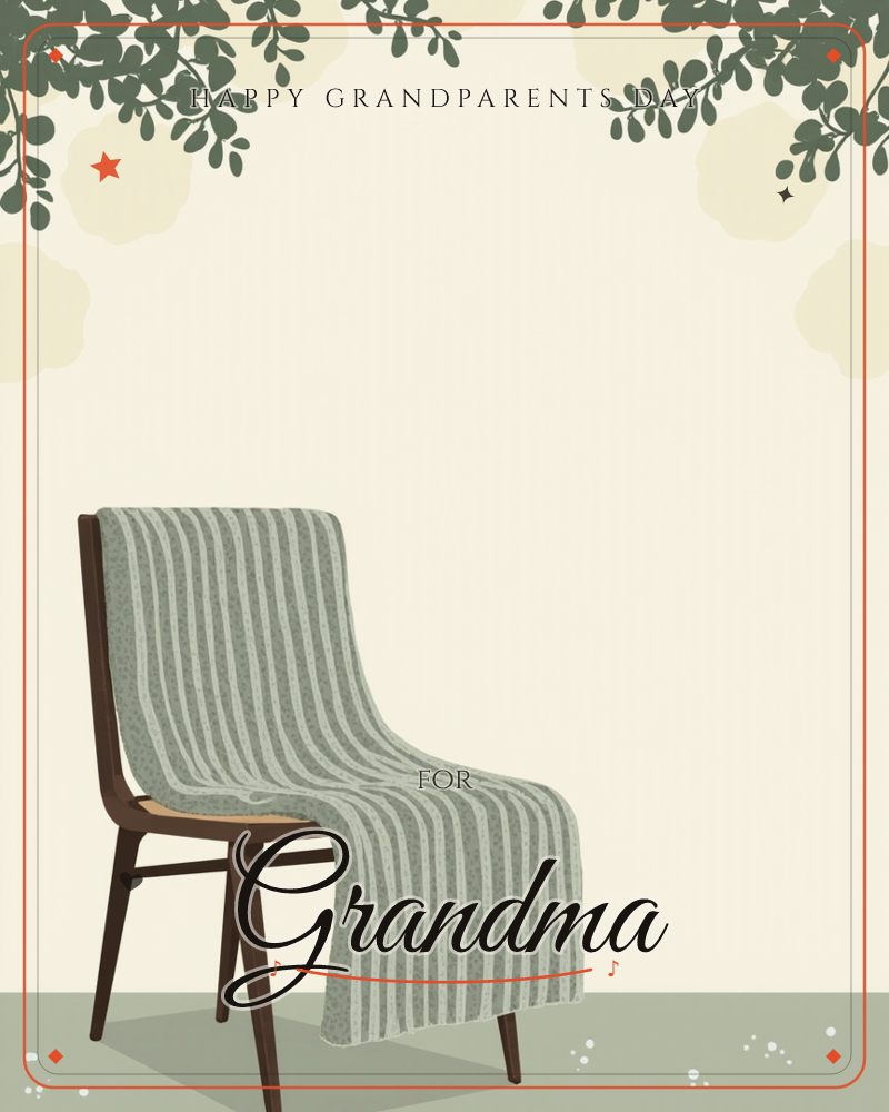 A wooden chair sits alone against a pale cream wall, draped with a striped sage-green throw that spills over its seat and legs, a grandparents day e-card design
