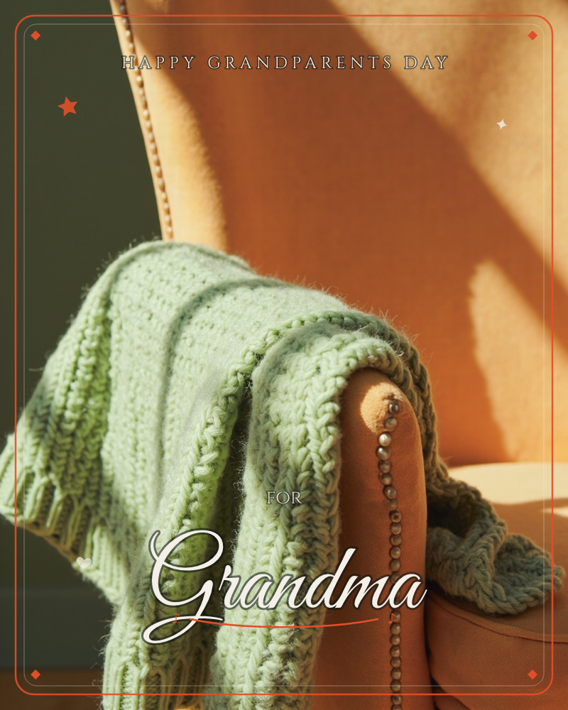 A sage-green knitted throw drapes over the rolled arm of a burnt-orange upholstered chair, its studded trim catching a slice of late-afternoon sun, a grandparents day e-card design