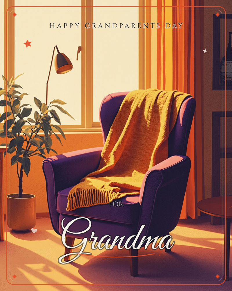 A cosy living room glows in warm afternoon light, with a plum-purple wingback chair draped in a mustard-yellow knitted throw sitting beside a tall…, a grandparents day e-card design