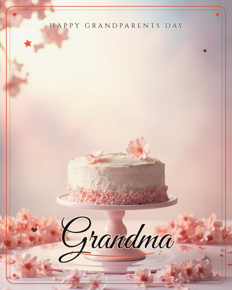 A round white-frosted cake sits on a pink pedestal stand, its base ringed with pink coconut shavings and a single cherry blossom on top, a grandparents day e-card design