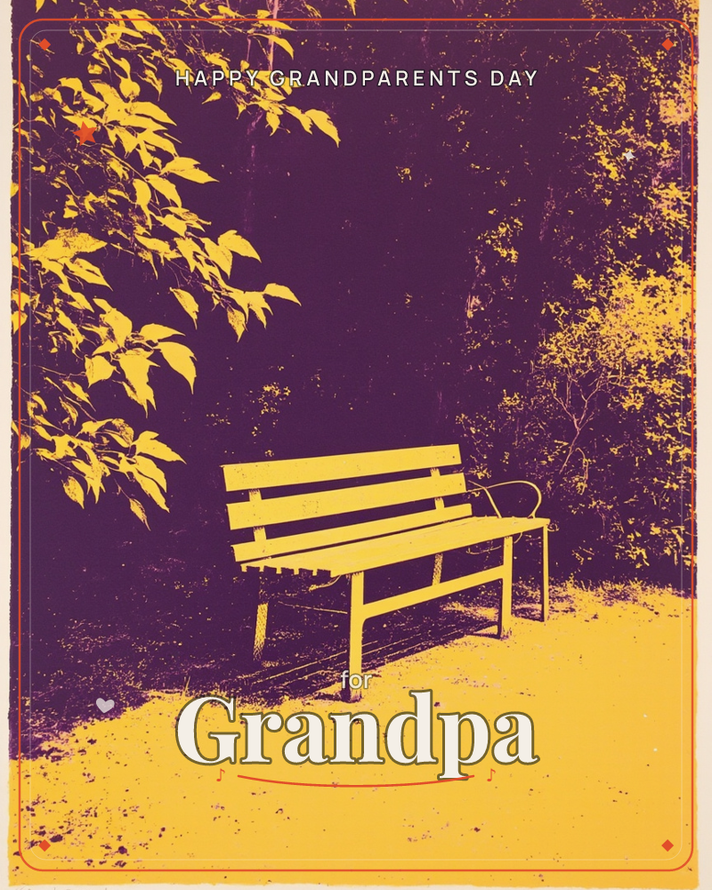 A duotone print shows an empty park bench glowing yellow against deep purple foliage and shadow, a grandparents day e-card design