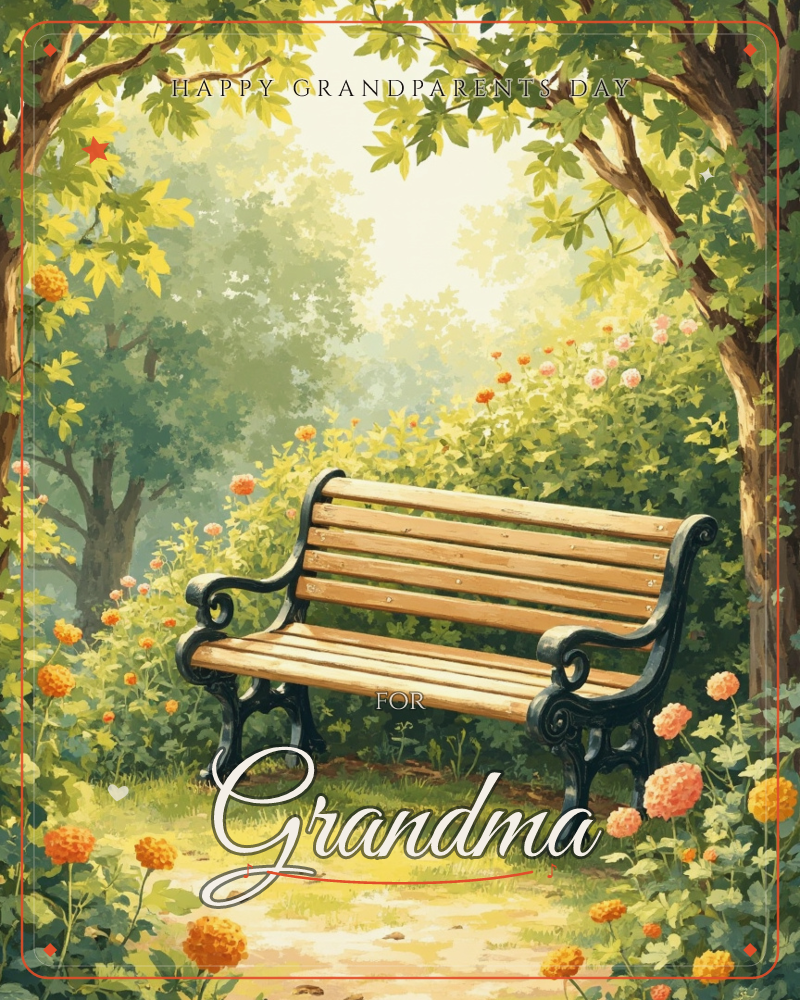 An empty wooden bench with curling black iron armrests sits beneath an arch of leafy trees, framed by clusters of orange, pink, and peach roses, a grandparents day e-card design