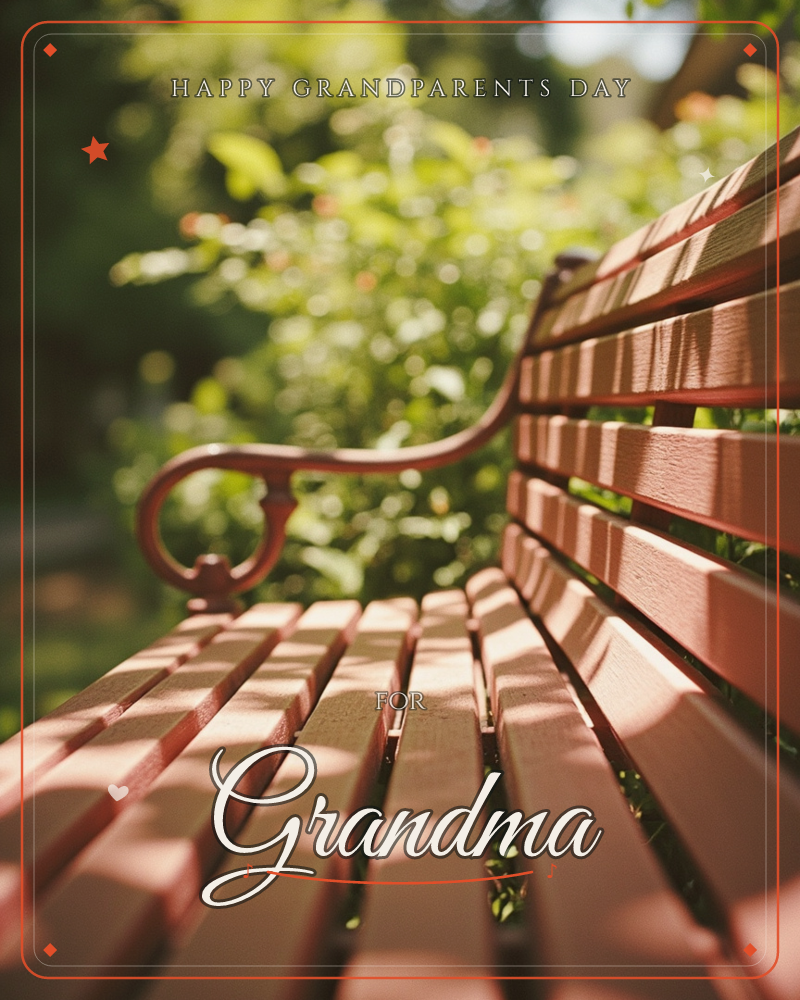 A close-up of a wooden garden bench with a curled iron armrest, painted in warm terracotta and softened by dappled sunlight, a grandparents day e-card design