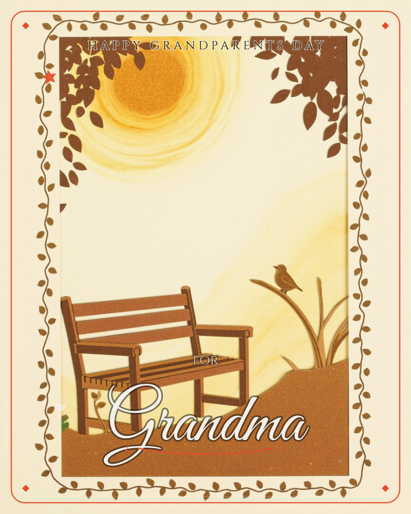 A wooden park bench sits empty on a low earthen rise beneath a swirling golden sun, with a small bird perched on tall grasses beside it, a grandparents day e-card design