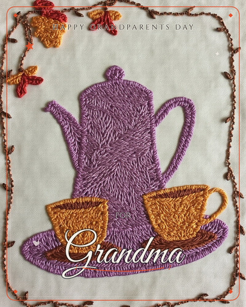 An embroidered card on pale linen shows a tall purple teapot flanked by two mustard-gold cups on saucers, all rendered in dense, textured thread stitches, a grandparents day e-card design