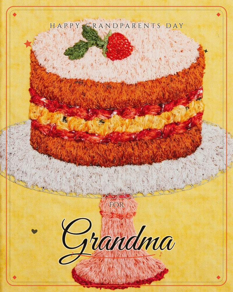 A layered sponge cake sits on a pedestal stand, its pink-frosted top crowned with a single strawberry and a sprig of mint, a grandparents day e-card design