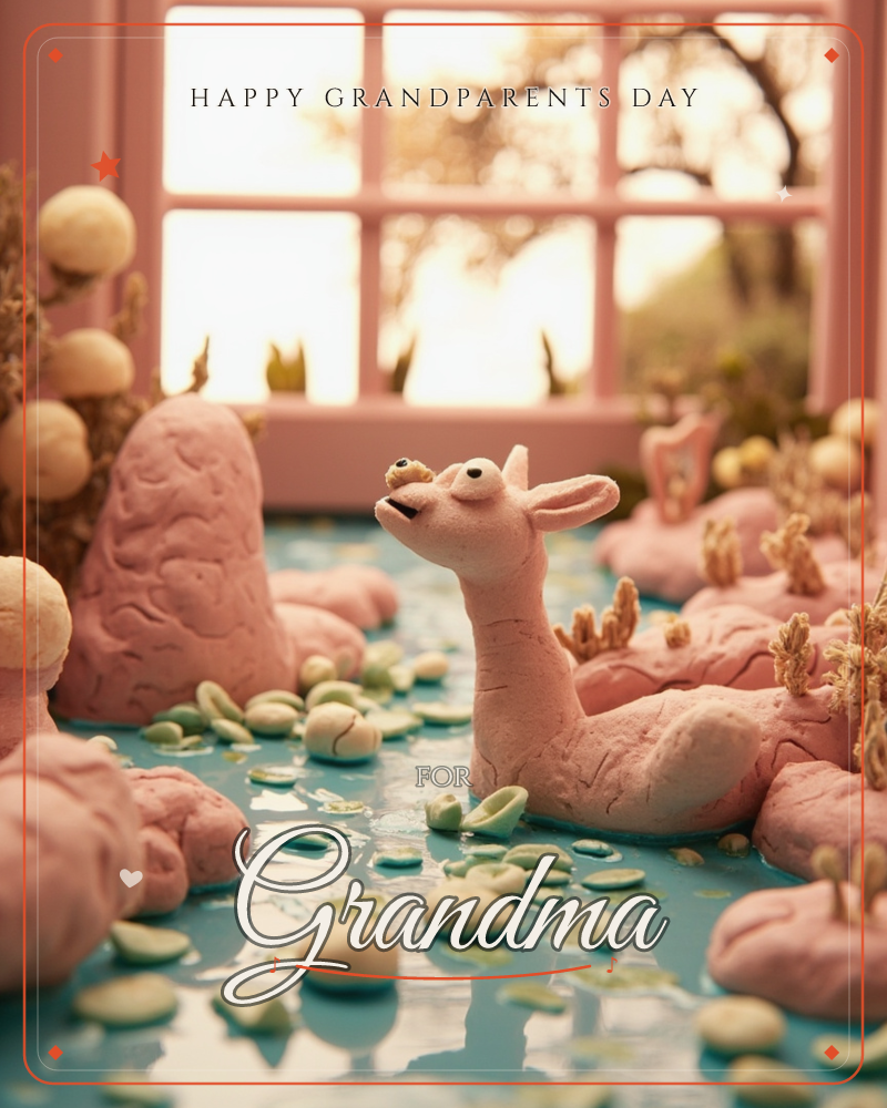 A whimsical clay-sculpted creature with a long neck and big painted eyes reclines in a miniature diorama of pink textured rocks and coral-like plants…, a grandparents day e-card design