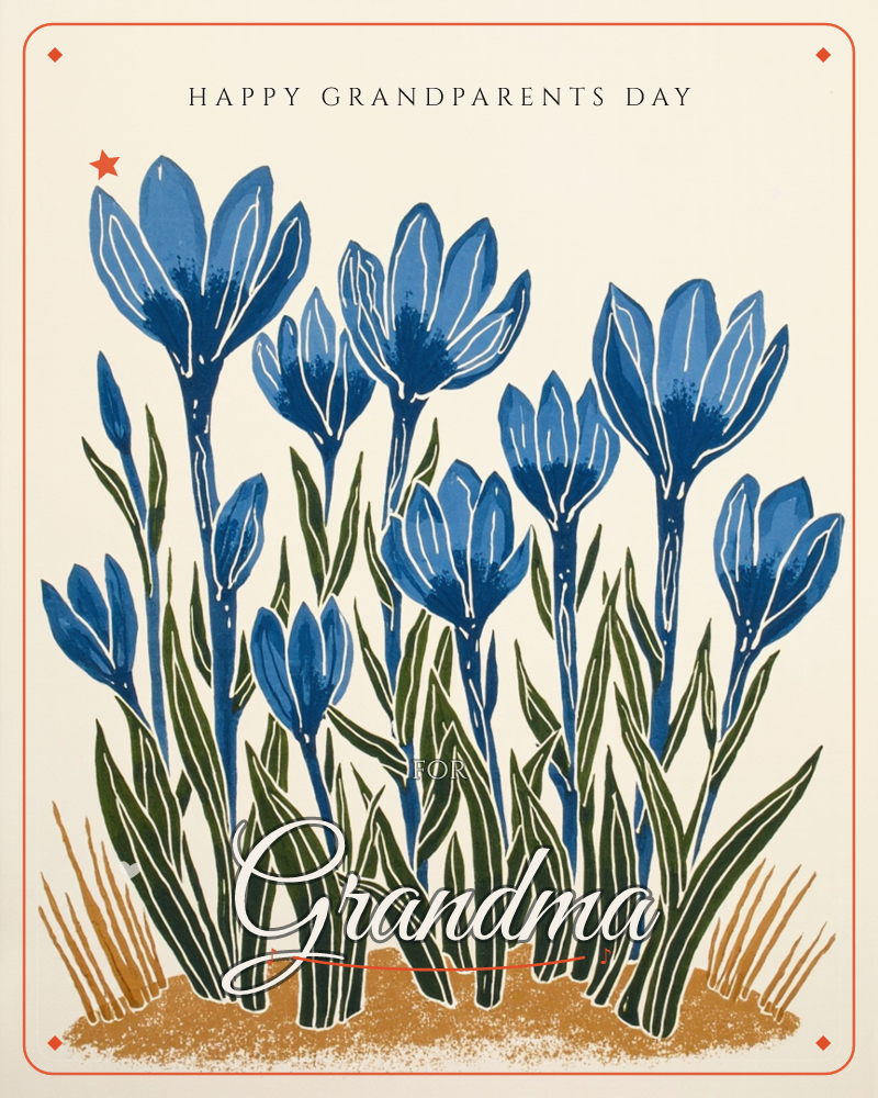 A cluster of blue crocuses rises from a patch of sandy brown earth against a plain cream background, their petals traced in fine white lines and paired…, a grandparents day e-card design