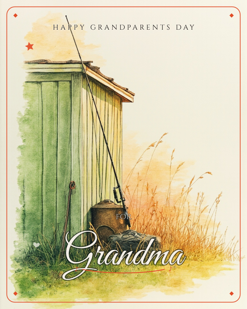 A weathered green outhouse stands against a warm amber sky, a long fishing rod leaning against its wall beside a rusted metal can and a coiled net, a grandparents day e-card design