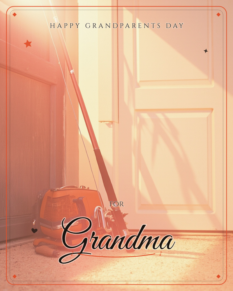 A fishing rod and reel lean against a paneled white door beside an orange tackle box, everything drenched in warm golden sunlight streaming across the…, a grandparents day e-card design